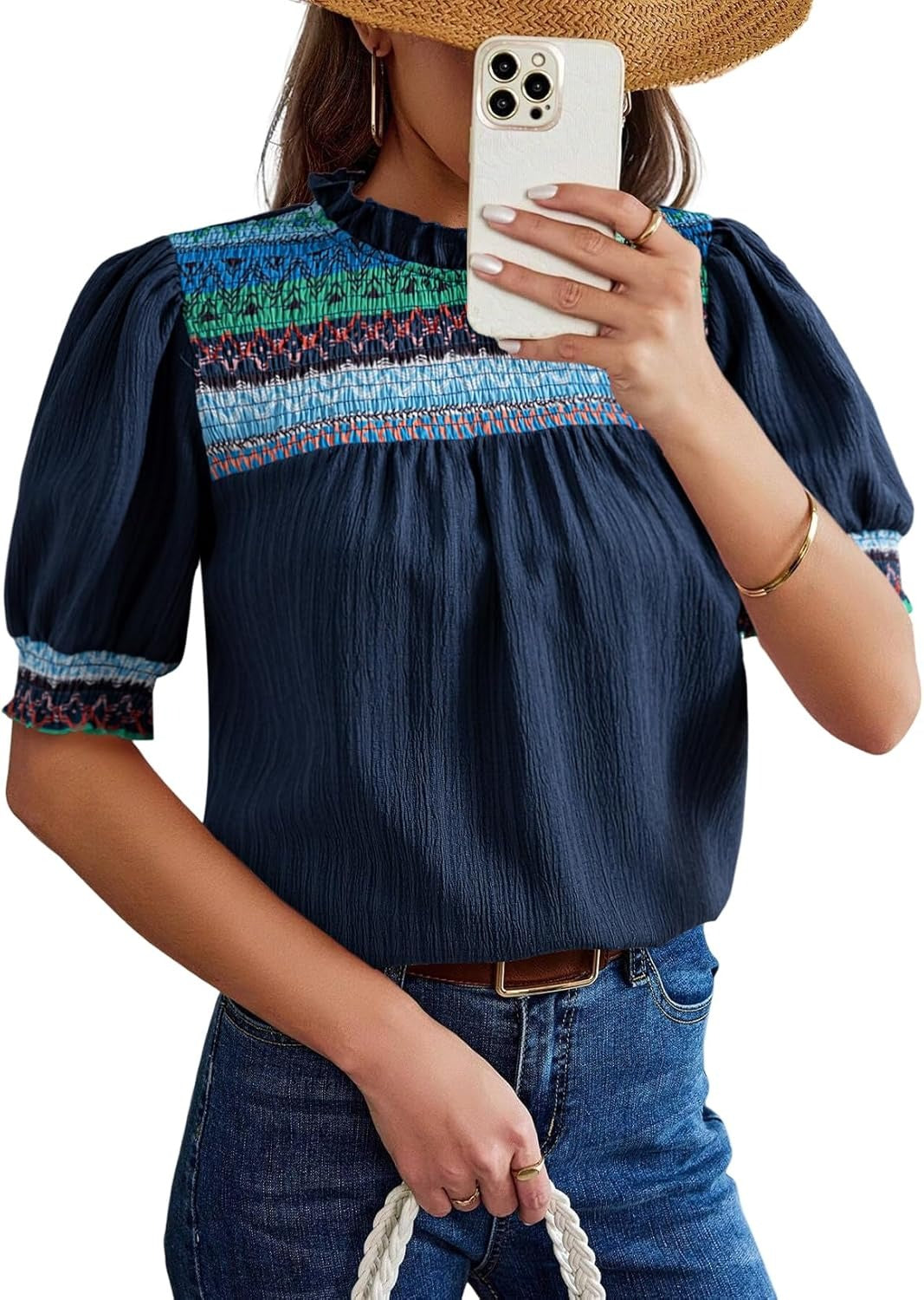 Women's Boho Embroidered Puff Sleeve Crewneck Blouse
