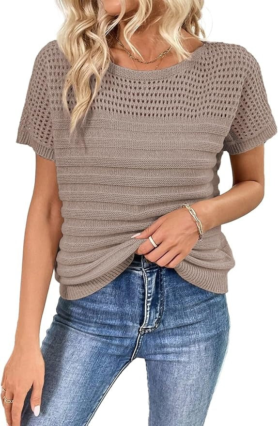 ⏰Hot Sale-Womens Crew Neck Short Sleeve Shirts Knit Hollow Out Tops