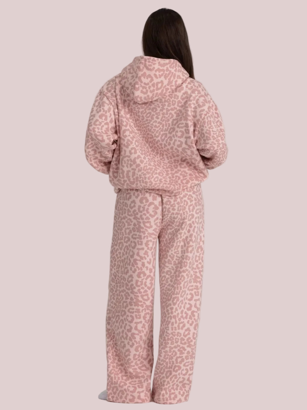 Leopard Print Fleece Hoodie and Pants Two Piece Set
