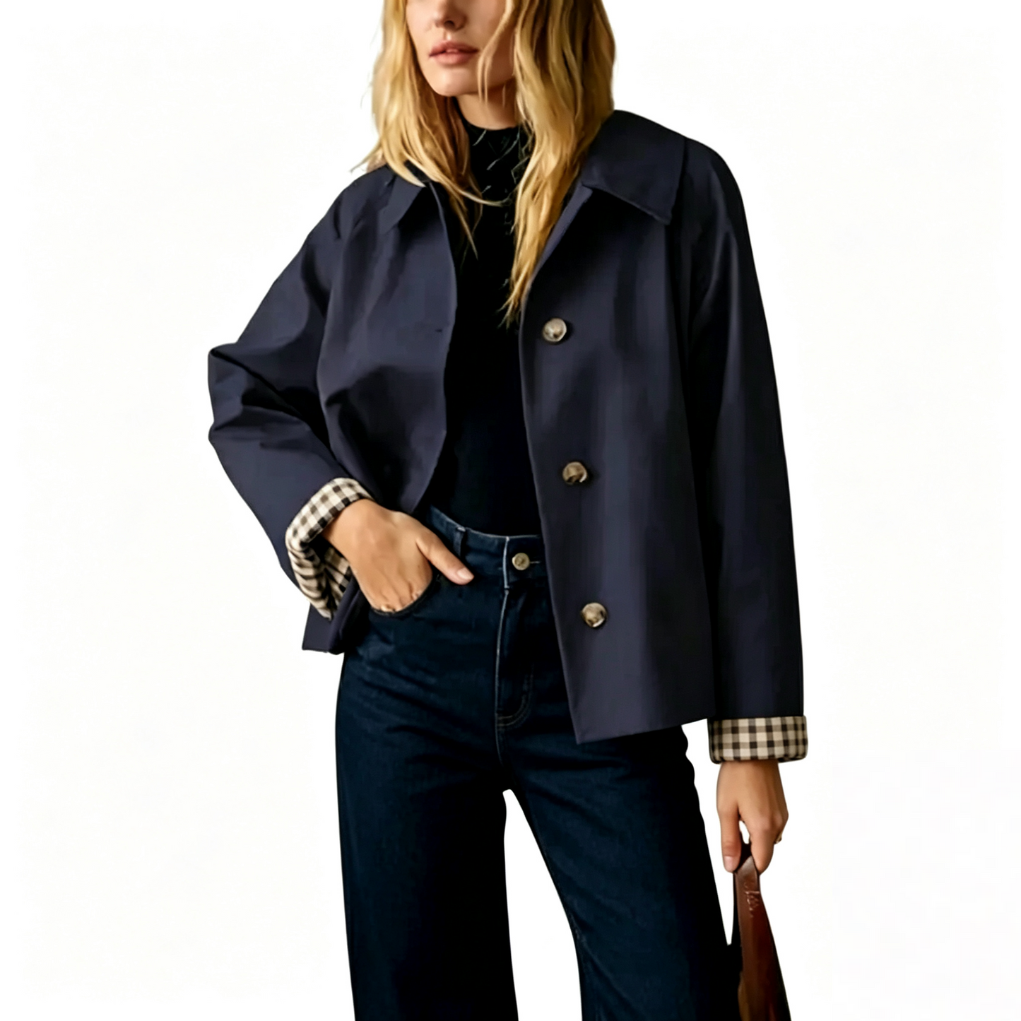 Women Lapel Collar Plaid Lined Single Breasted Cropped Outerwear