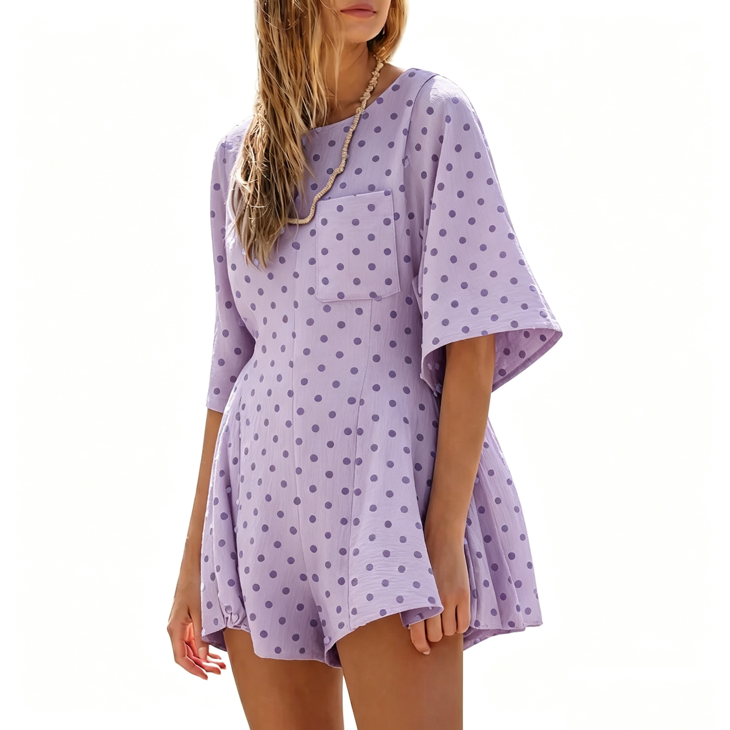 Crew Neck Short Sleeve Loose Casual Romper With Front Pockets