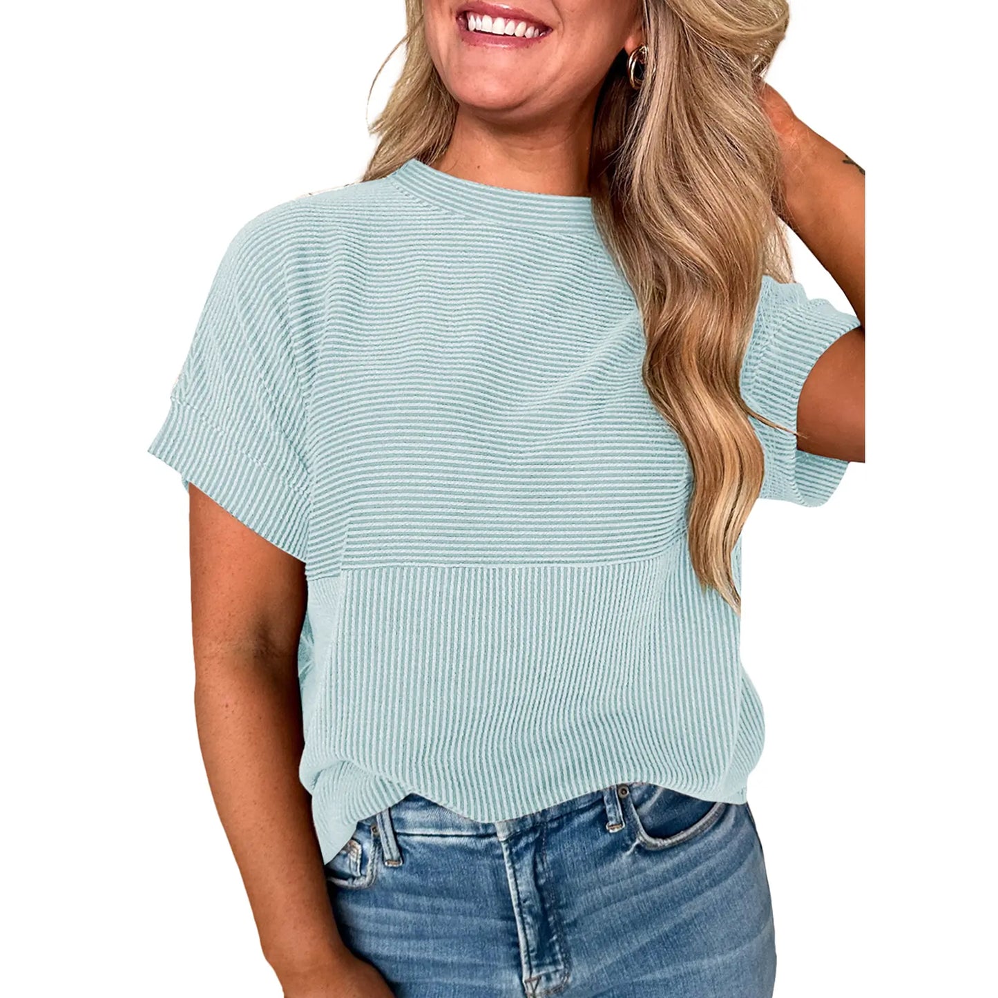 Women Textured Rib Splice Crew Neck Loose Fit Knit Short Sleeve T-shirt