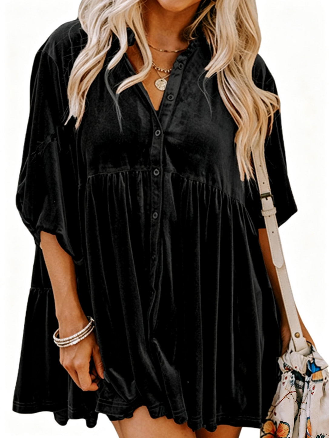 Velvet Babydoll Holiday Party Top 🍂 3/4 Lantern Sleeve Button Front Tunic