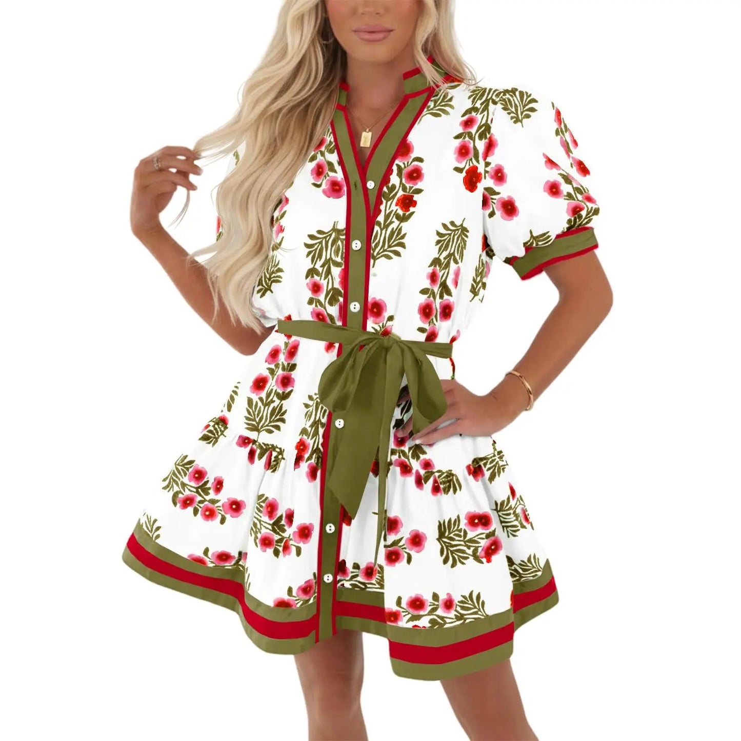 V Neck Puff Sleeve Floral Belted Tiered Mini Dress