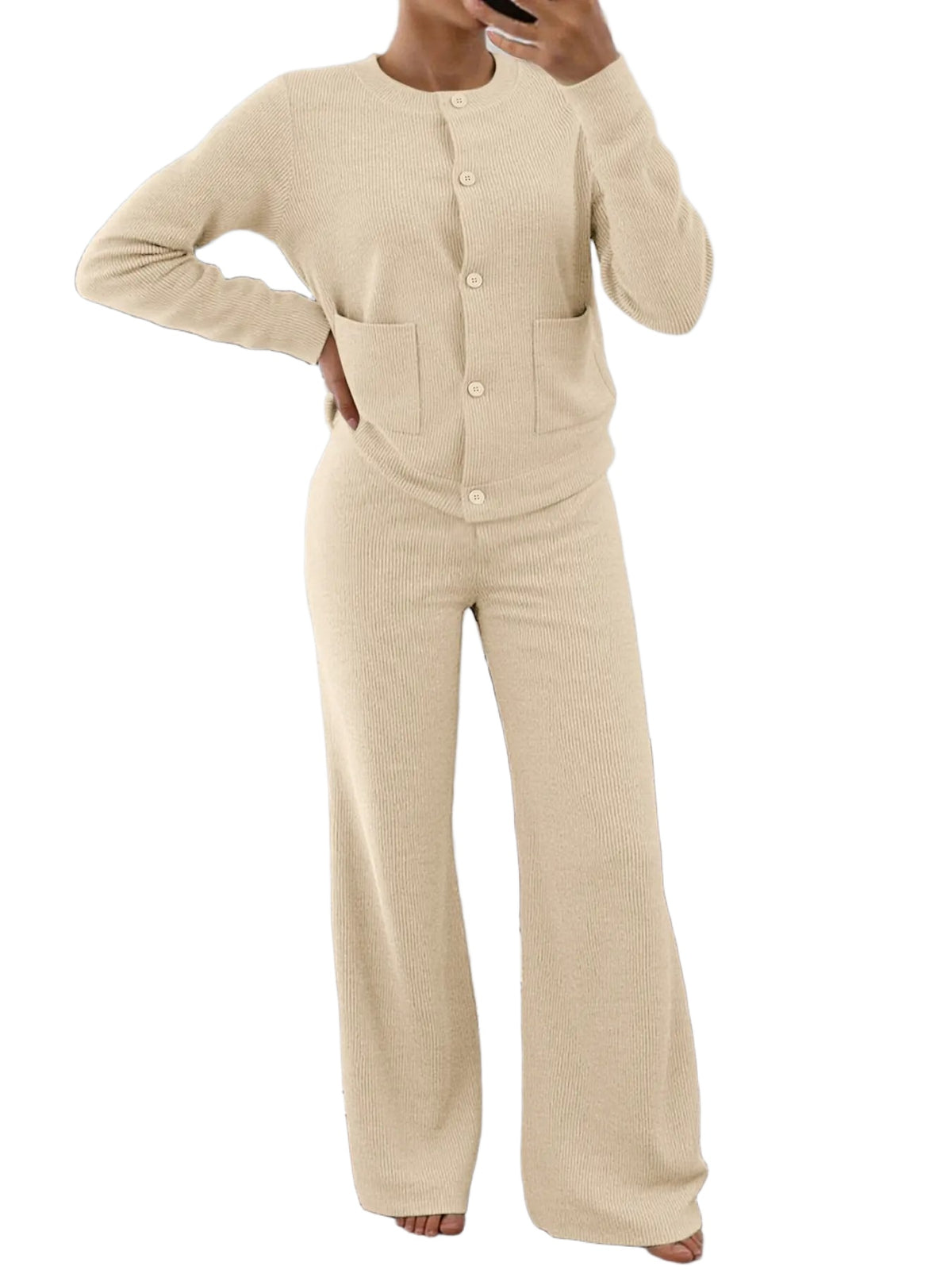 Women Button Top And High Waist Wide Leg Pants Set