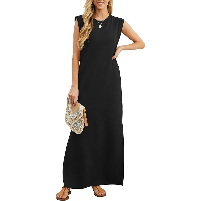 ✨Women Summer Crew Neck Casual Loose Split Wrinkle-Free Long Maxi Beach Dress with Pockets