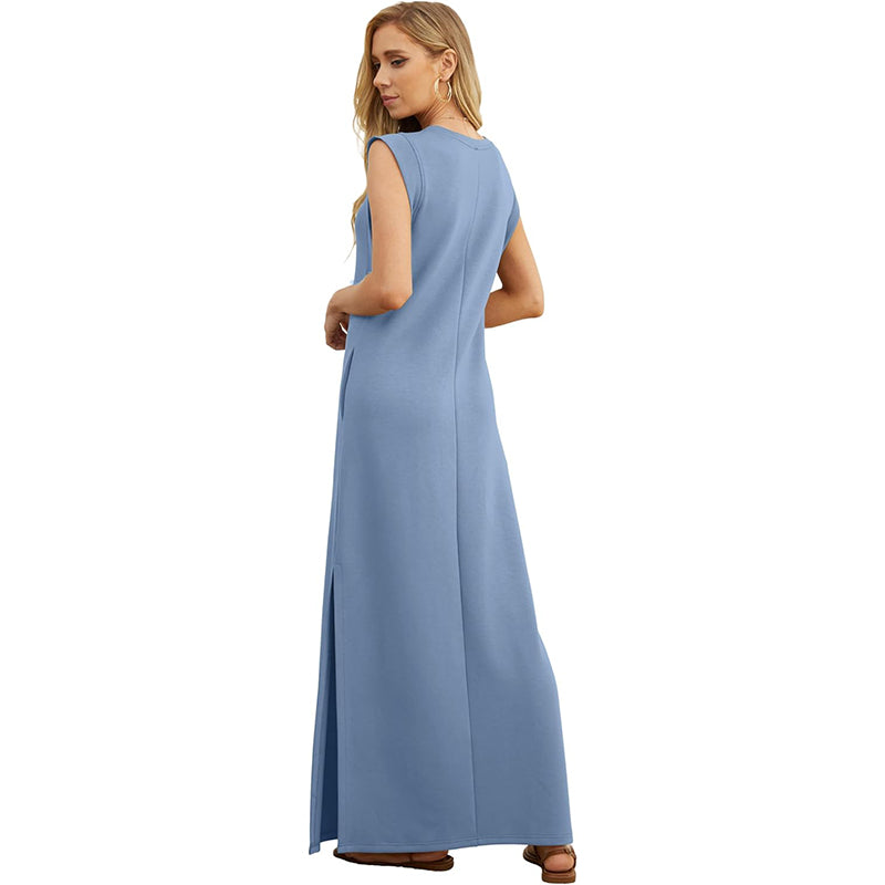 ✨Women Summer Crew Neck Casual Loose Split Wrinkle-Free Long Maxi Beach Dress with Pockets