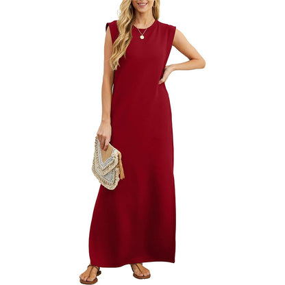 ✨Women Summer Crew Neck Casual Loose Split Wrinkle-Free Long Maxi Beach Dress with Pockets