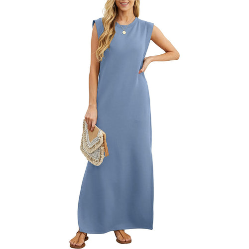 ✨Women Summer Crew Neck Casual Loose Split Wrinkle-Free Long Maxi Beach Dress with Pockets