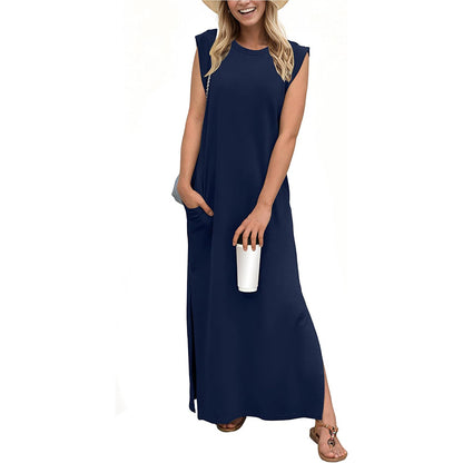 ✨Women Summer Crew Neck Casual Loose Split Wrinkle-Free Long Maxi Beach Dress with Pockets