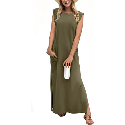 ✨Women Summer Crew Neck Casual Loose Split Wrinkle-Free Long Maxi Beach Dress with Pockets