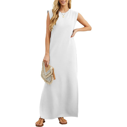 ✨Women Summer Crew Neck Casual Loose Split Wrinkle-Free Long Maxi Beach Dress with Pockets