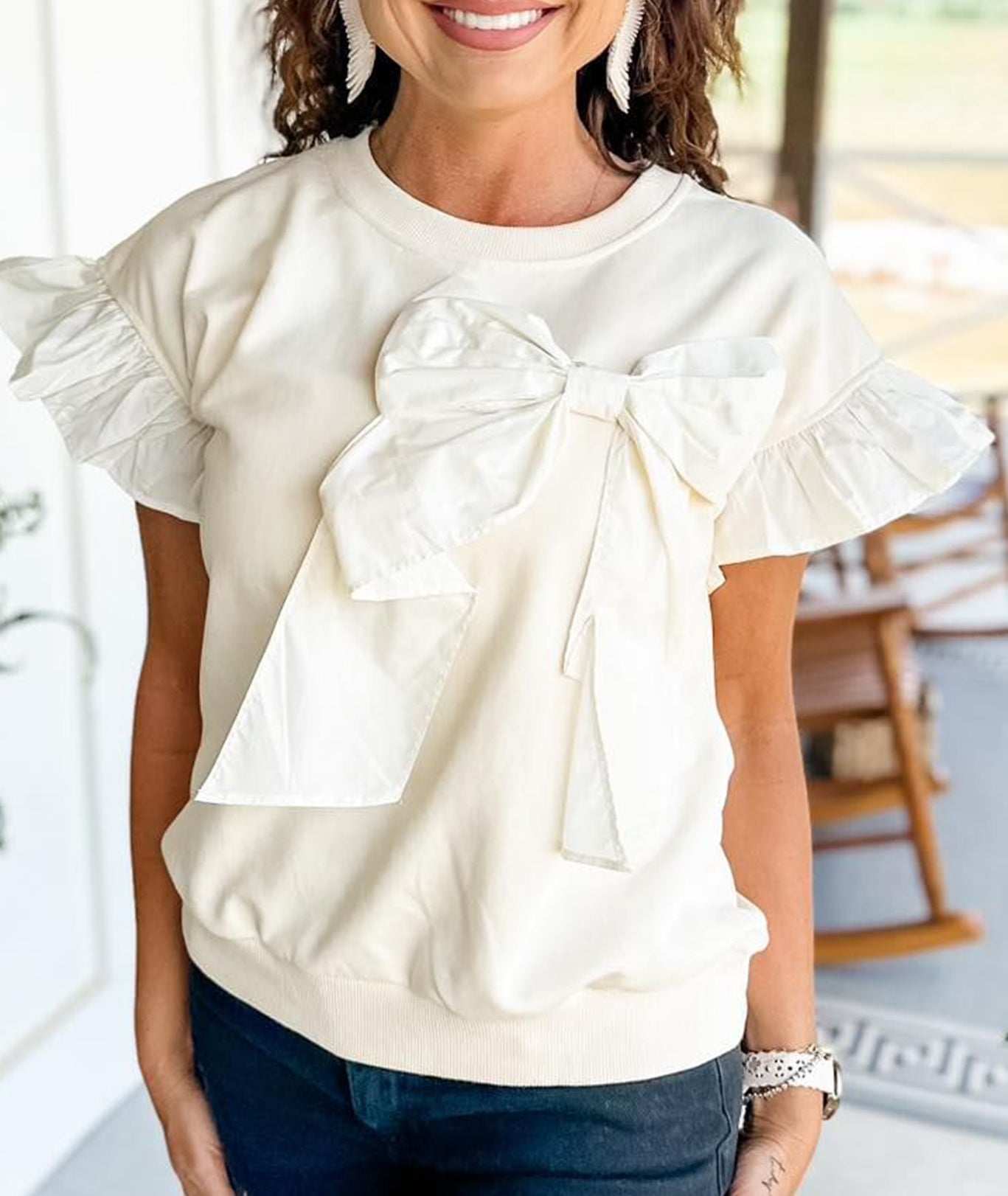Hot Sale Contrast Ribbon Bow Ruffle Sleeve Top(BUY TWO FREE SHIPPING!!)