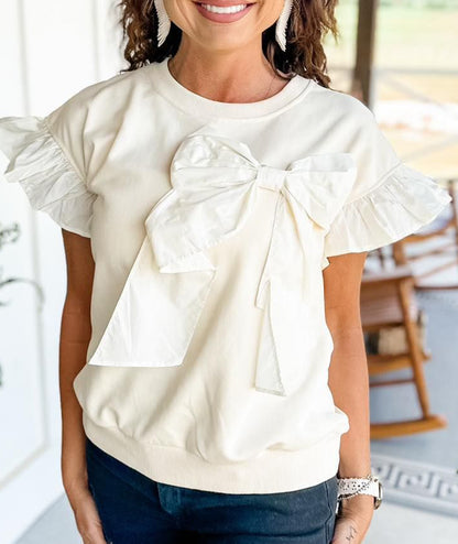 Hot Sale Contrast Ribbon Bow Ruffle Sleeve Top(BUY TWO FREE SHIPPING!!)