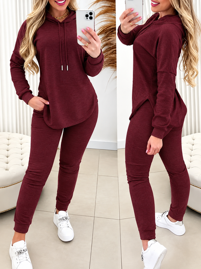 Hot Sale-Solid 2 Piece Hooded Outfit With Curved Hem