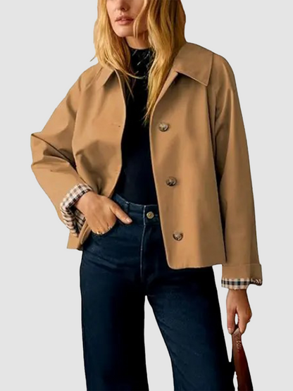 Women Lapel Collar Plaid Lined Single Breasted Cropped Outerwear