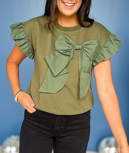 Hot Sale Contrast Ribbon Bow Ruffle Sleeve Top(BUY TWO FREE SHIPPING!!)