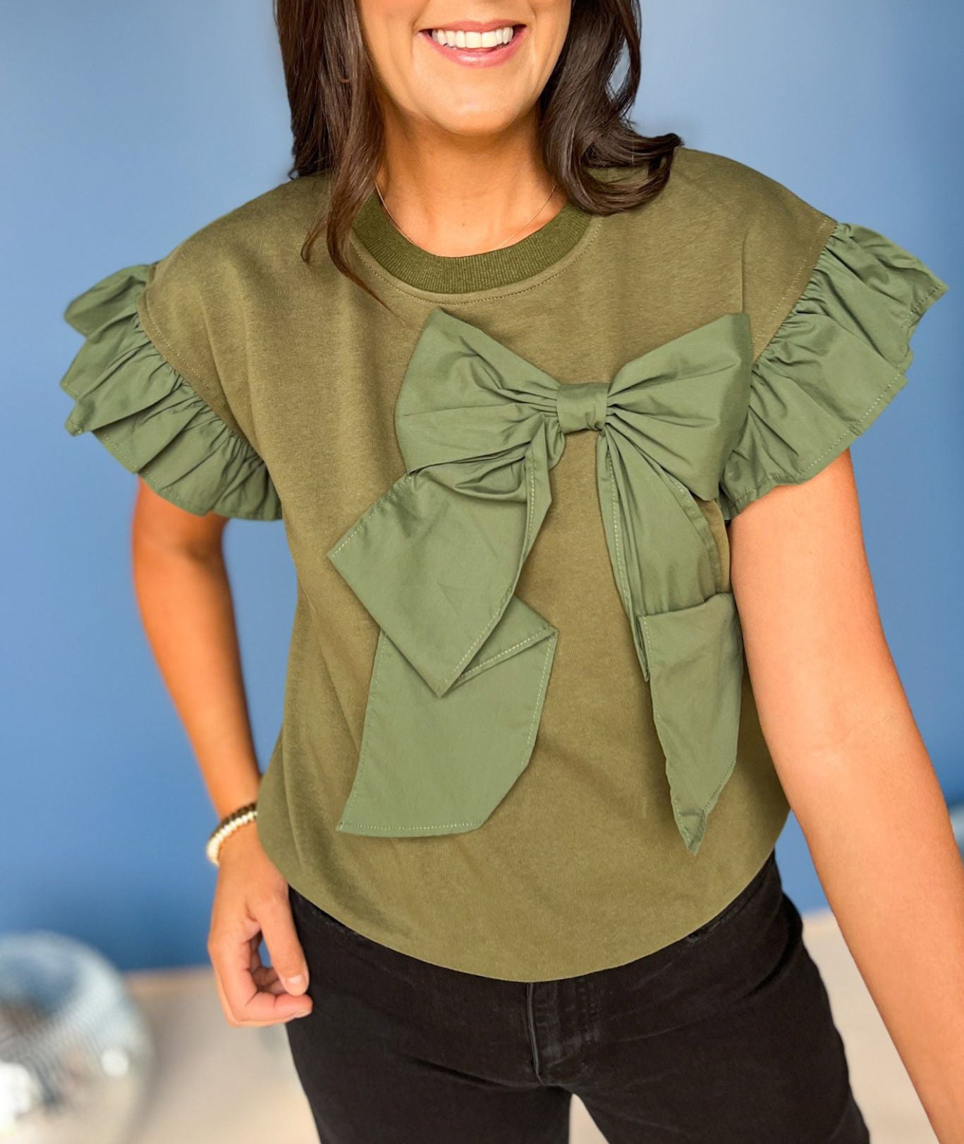Hot Sale Contrast Ribbon Bow Ruffle Sleeve Top(BUY TWO FREE SHIPPING!!)