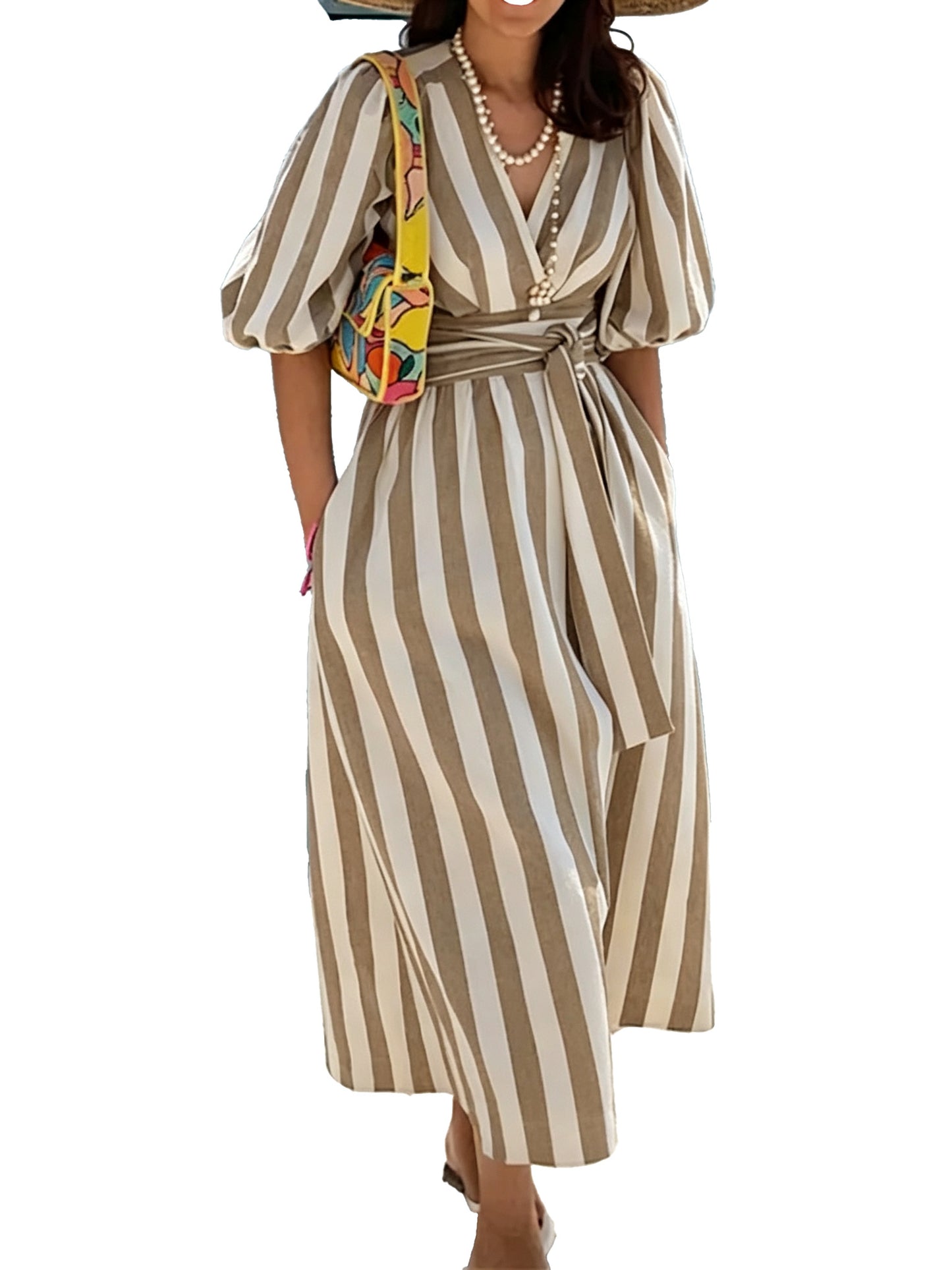 Deep V Neck Puff Sleeve Striped Maxi Dress With Belt