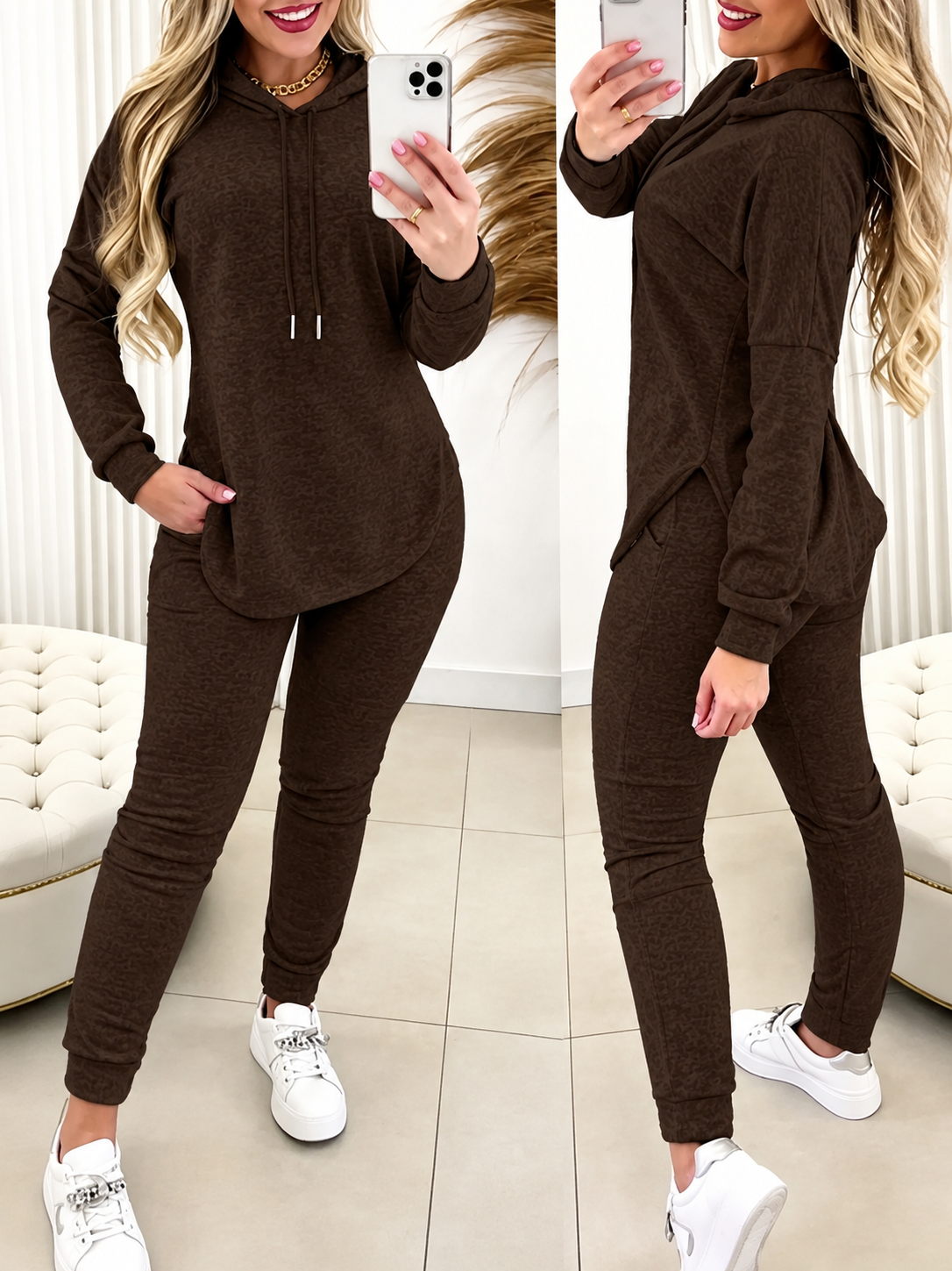 Hot Sale-Solid 2 Piece Hooded Outfit With Curved Hem