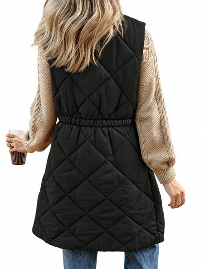 Long Stand Collar Puffer Vest With Subtle Cinched Waist And Pockets