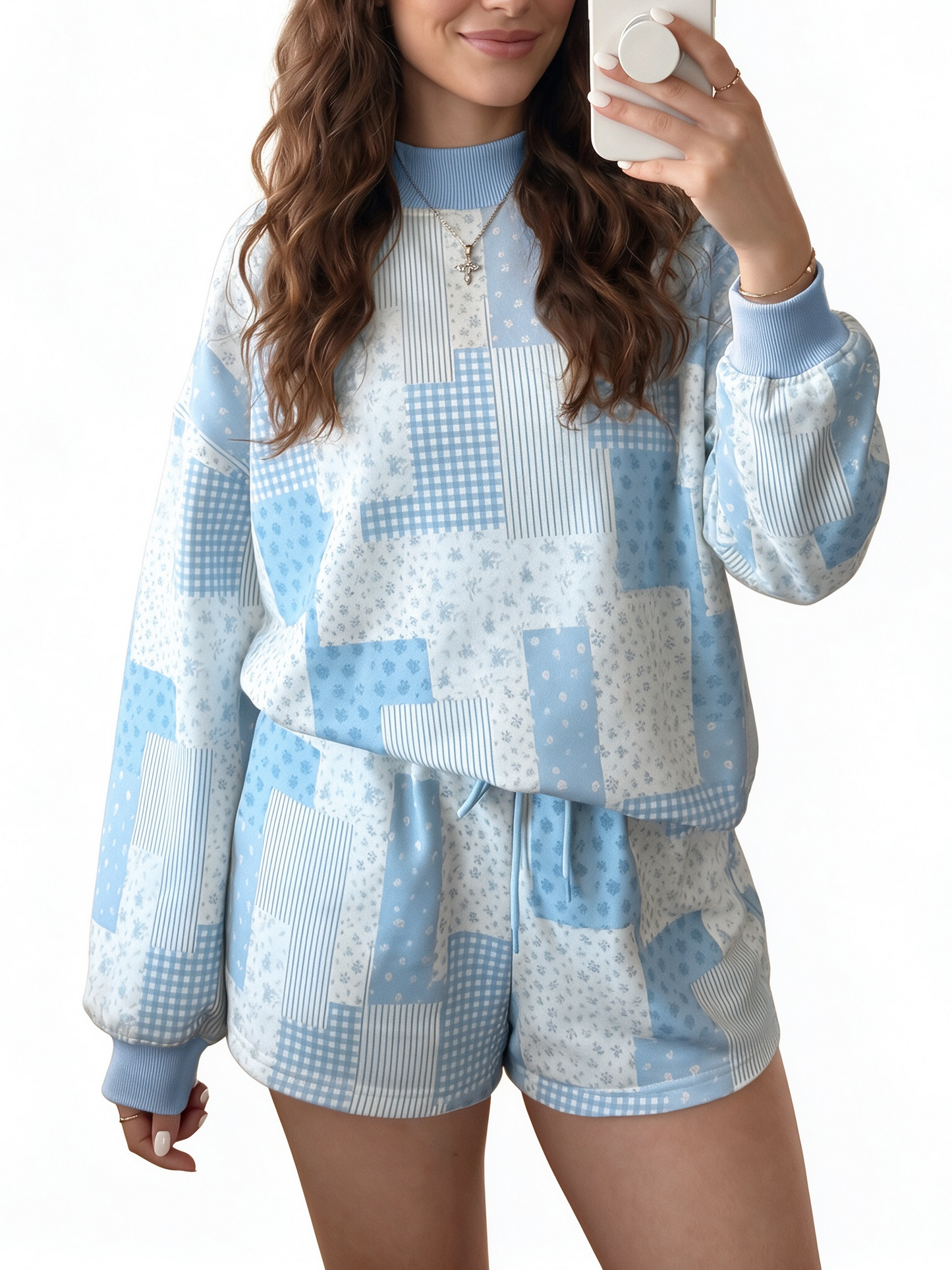 Women's Blue Patchwork Floral Print 2-Piece Loungewear Set