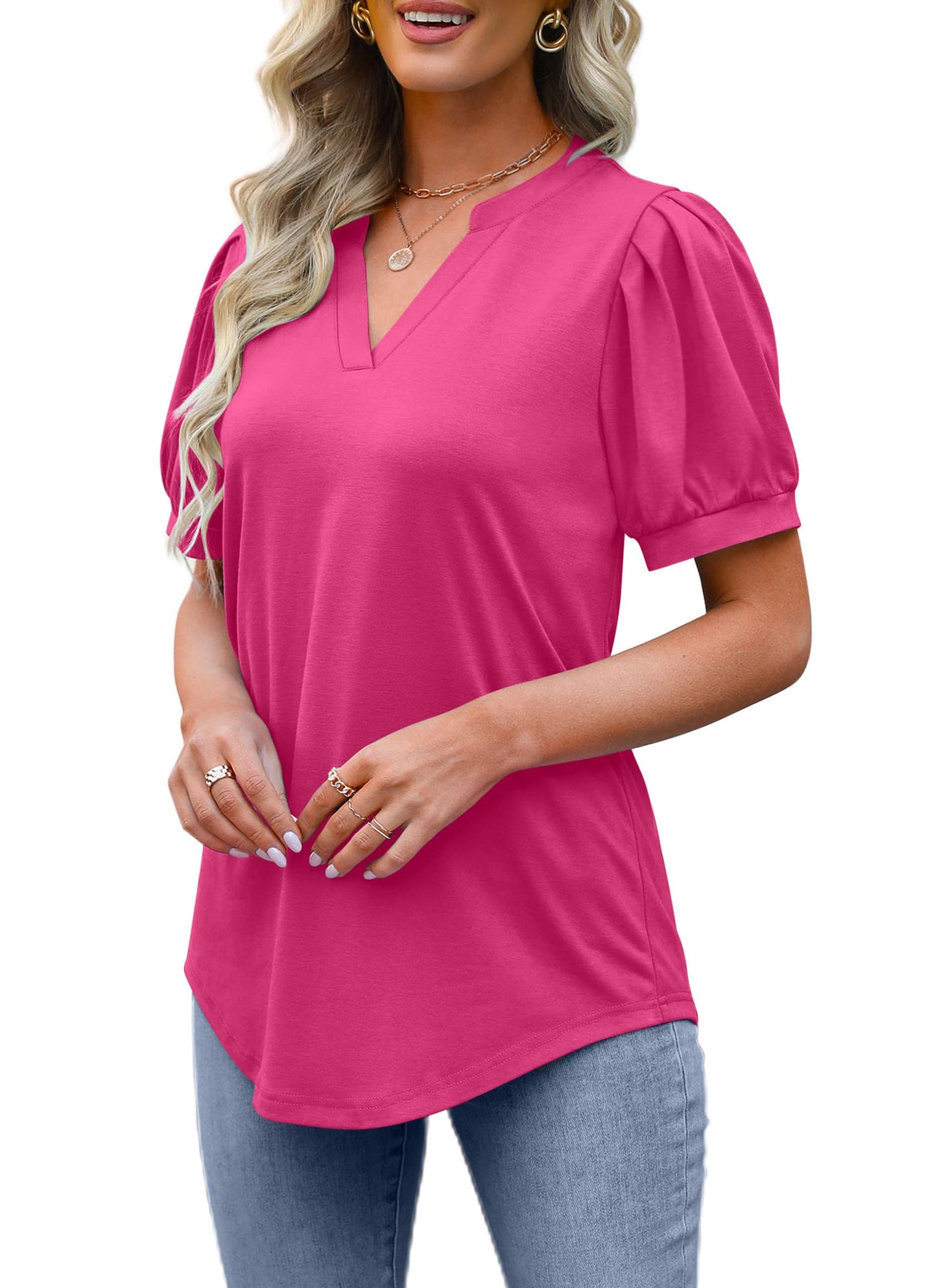 ✨Women's Pleated Puff Sleeve V Neck Tunic Tops