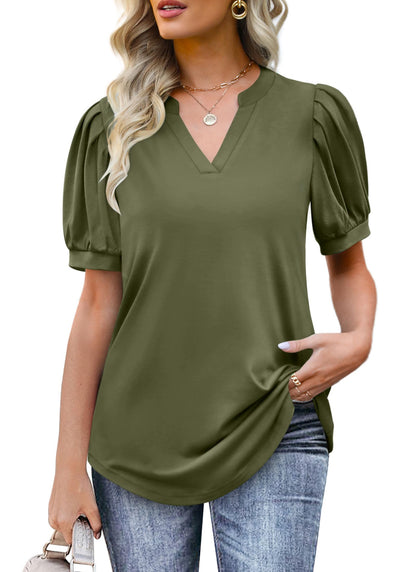 ✨Women's Pleated Puff Sleeve V Neck Tunic Tops