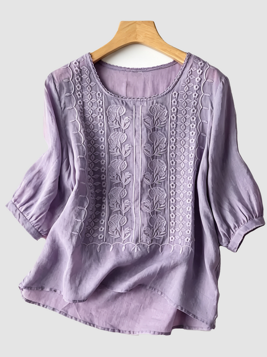 Women's Vintage Embroidered Round Neck Blouse