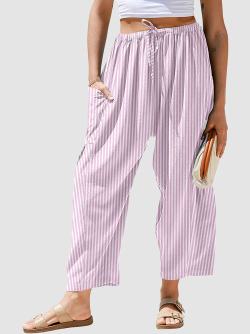Drawstring Striped Wide Leg Pants With Side Pockets