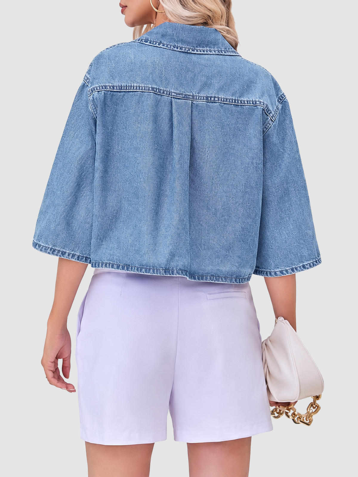 Women Cropped Lapel Shirt Jacket, Waist-Lifting Half Sleeve Layering Outerwear