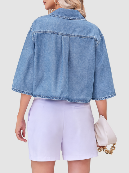 Women Cropped Lapel Shirt Jacket, Waist-Lifting Half Sleeve Layering Outerwear