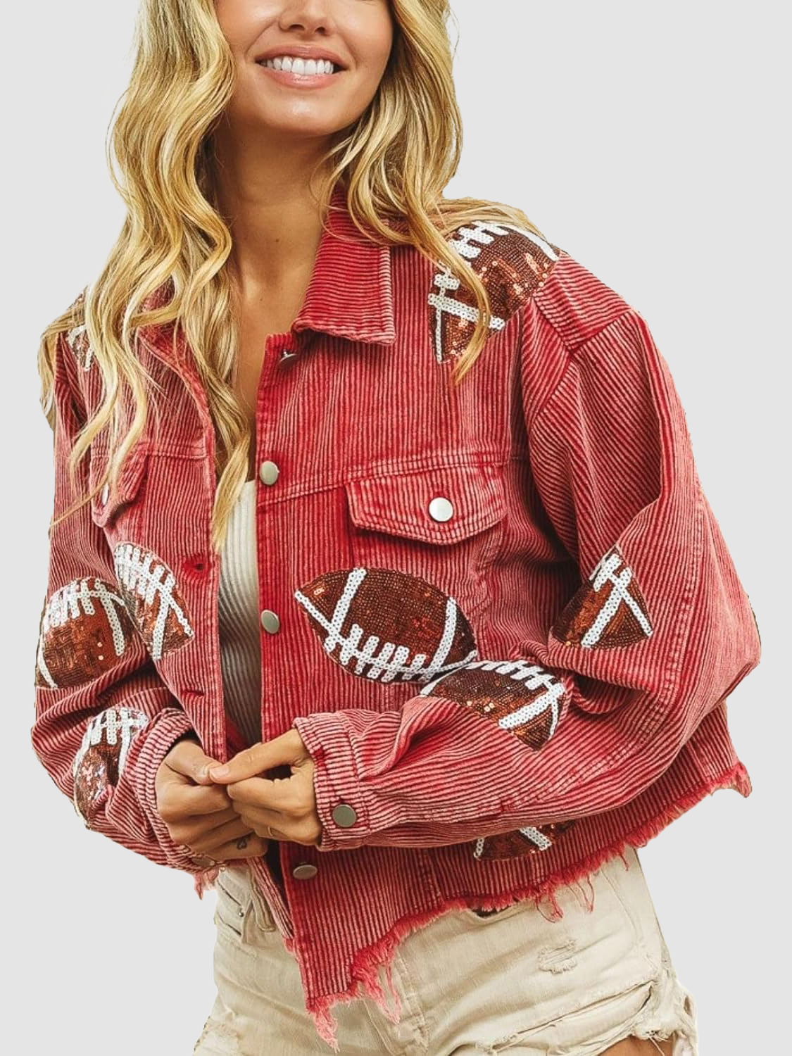 Game Day Styling Sequin Football Appliqué Cropped Jacket With Frayed Hem Lapel Coat