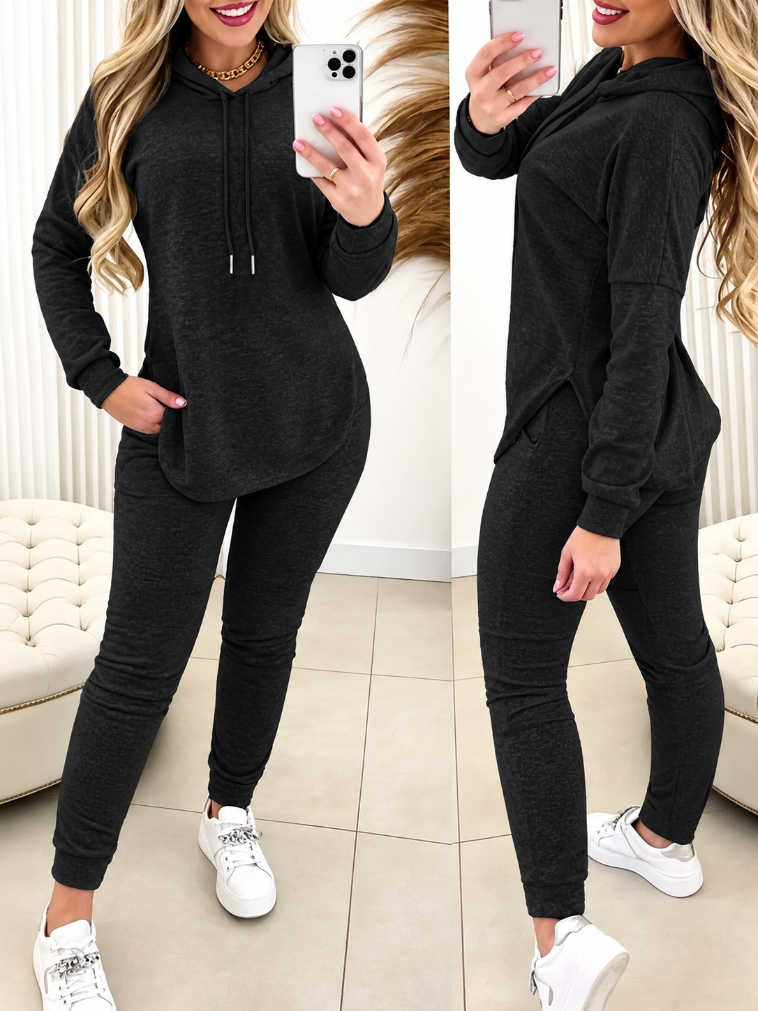 Hot Sale-Solid 2 Piece Hooded Outfit With Curved Hem