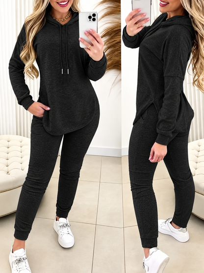 Hot Sale-Solid 2 Piece Hooded Outfit With Curved Hem