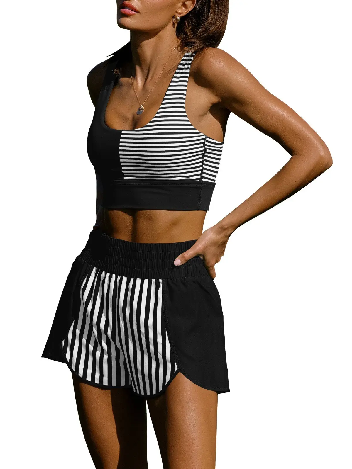Women Striped Colorblock Pocket Activewear 2 Piece Workout Matching Set