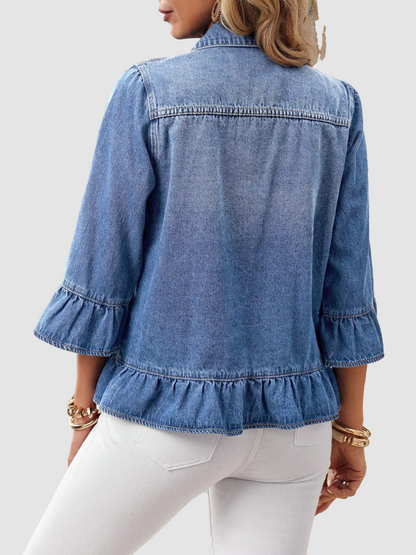Women's Vintage Ruffle Cropped Denim Jacket