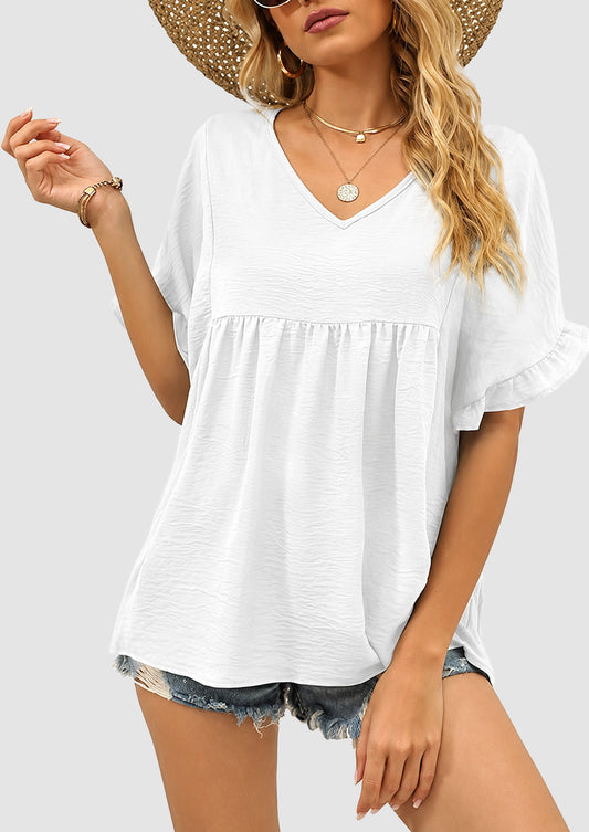 Womens Casual V Neck Ruffle Sleeve T Shirts Babydoll Loose Fit Peplum Tops