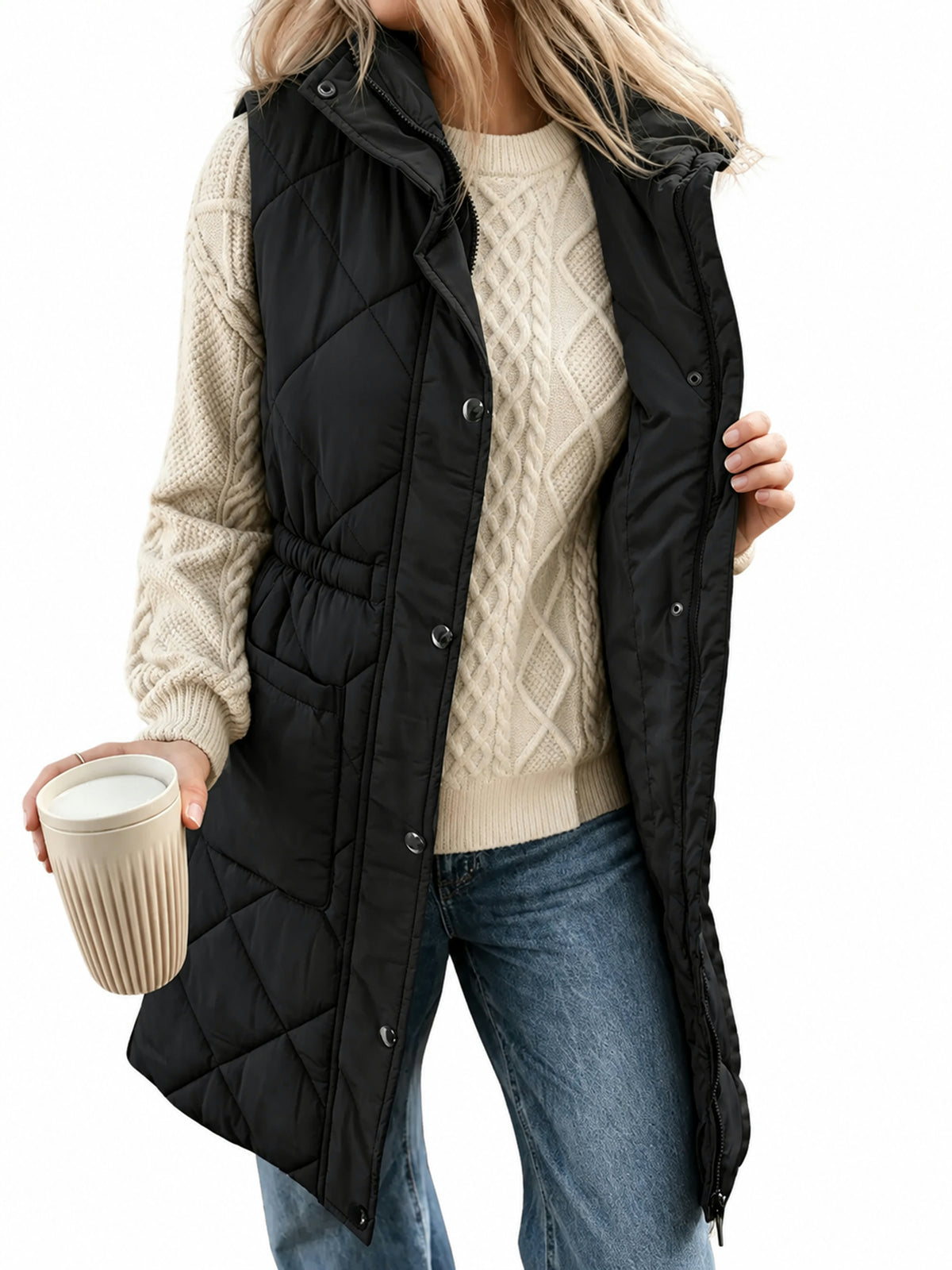 Long Stand Collar Puffer Vest With Subtle Cinched Waist And Pockets