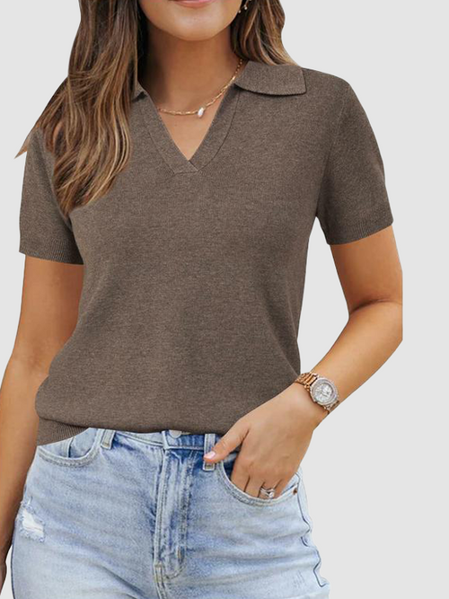 Slim Polo Collar Short Sleeve Knit Top
