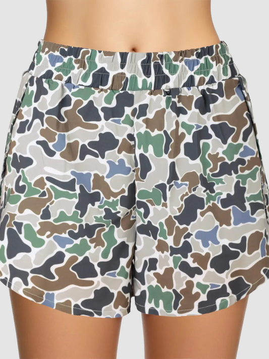 Women Elastic Waist Camo Print Casual Running Shorts with Side Pockets