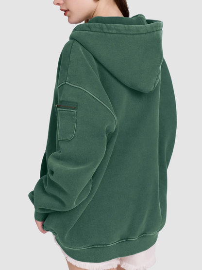 Half Zip Vintage Wash Oversized Hoodie With Dual Storage Pockets