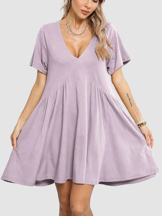 Womens Loose V Neck Short Sleeve Summer Mini Dress With Pockets