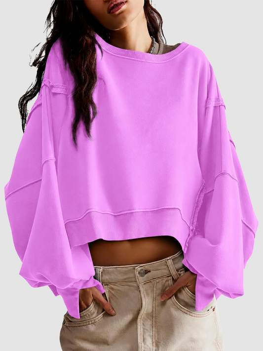 Women Solid Crew Neck Raw Stitch Detail Loose Cropped Sweatshirt