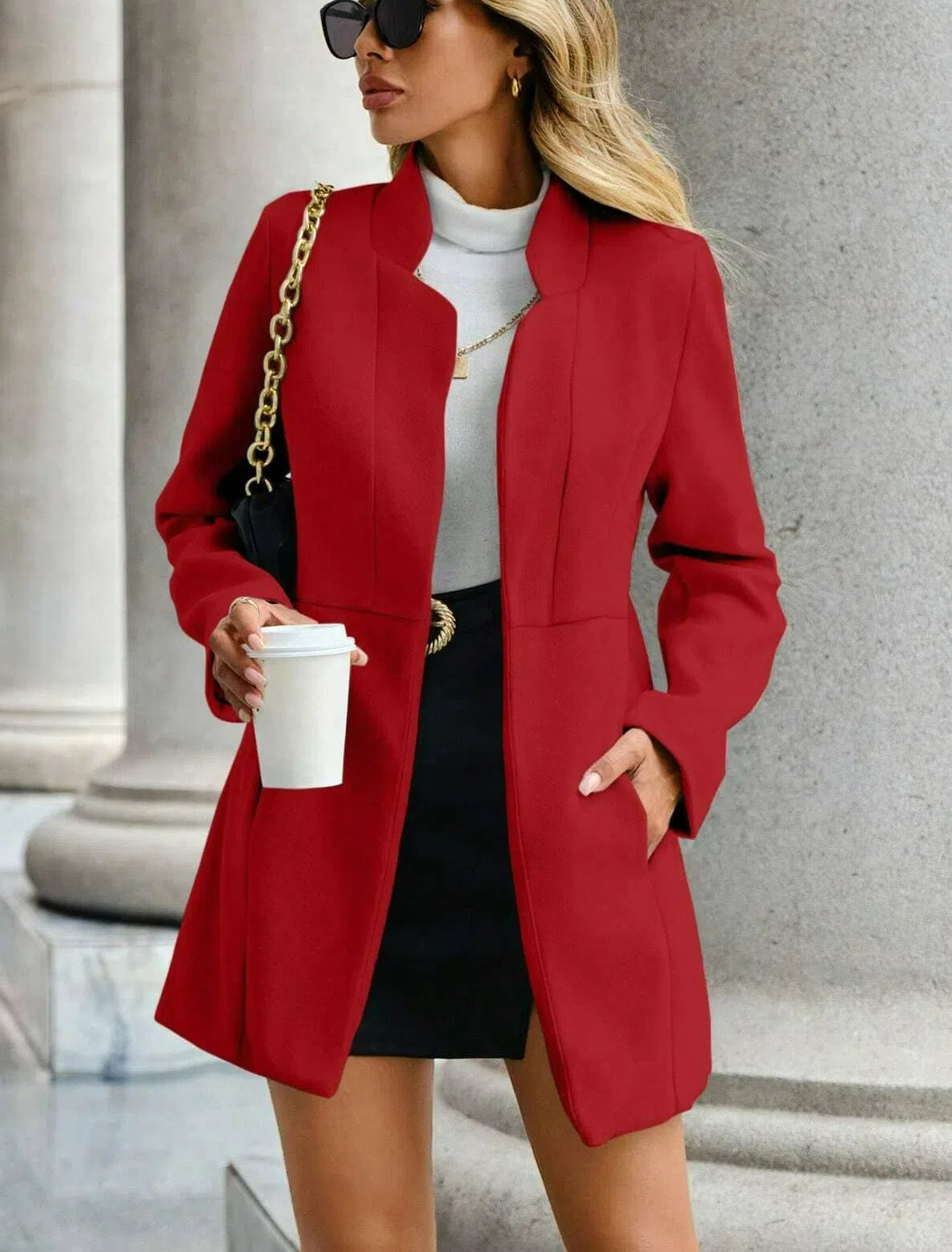 Women's Open Front Slim Fit Overcoat Long Sleeve Stand Collar Outerwear