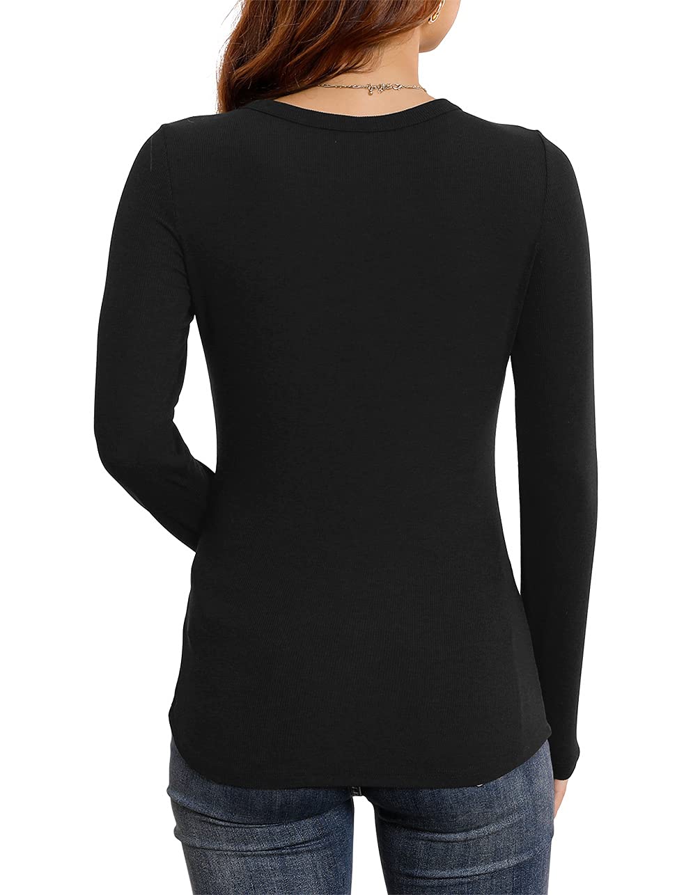 Women's Long Sleeve Stretch Slim Round Neck Ribbed Basic Shirts