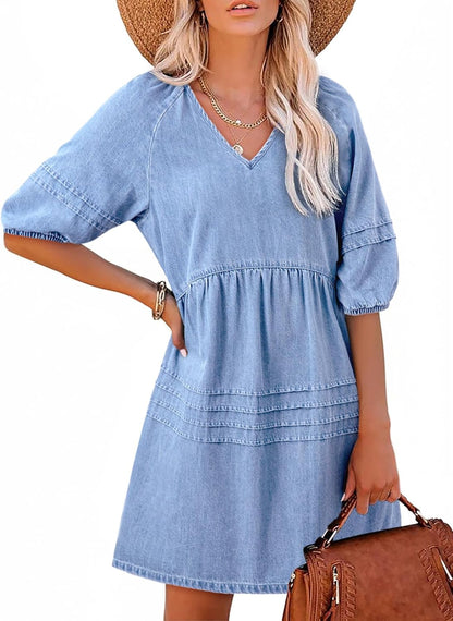 Women Casual V Neck Puff Short Sleeve Denim Dress(50% off!!!)