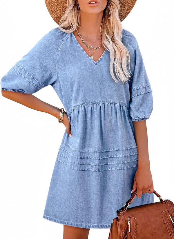 ⏰Hot Sale-Women Casual V Neck Puff Short Sleeve Denim Dress