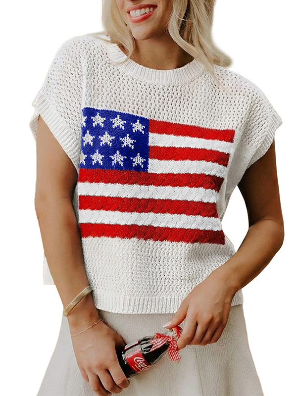 Women American Flag Relaxed Fit Short Sleeve Knit Top for 4th of July