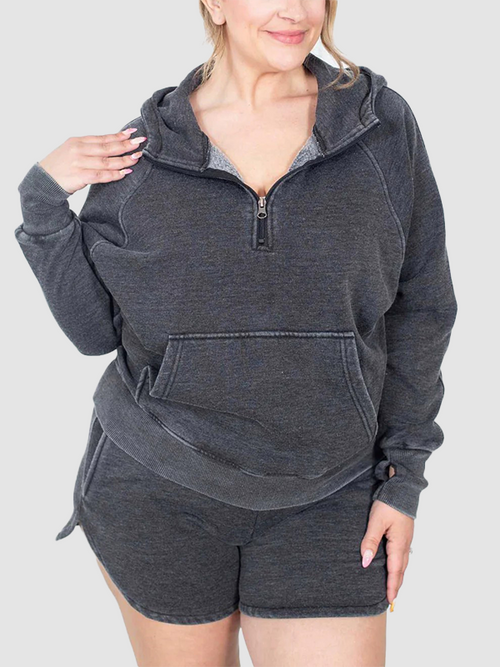 Women Washed Half Zip Raglan Hoodie Top with Thumb Hole Cuffs